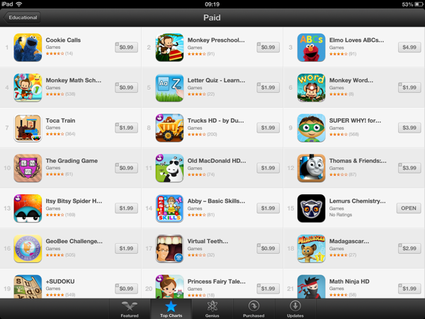 A list of the top 21 paid educational iPad games, with icons